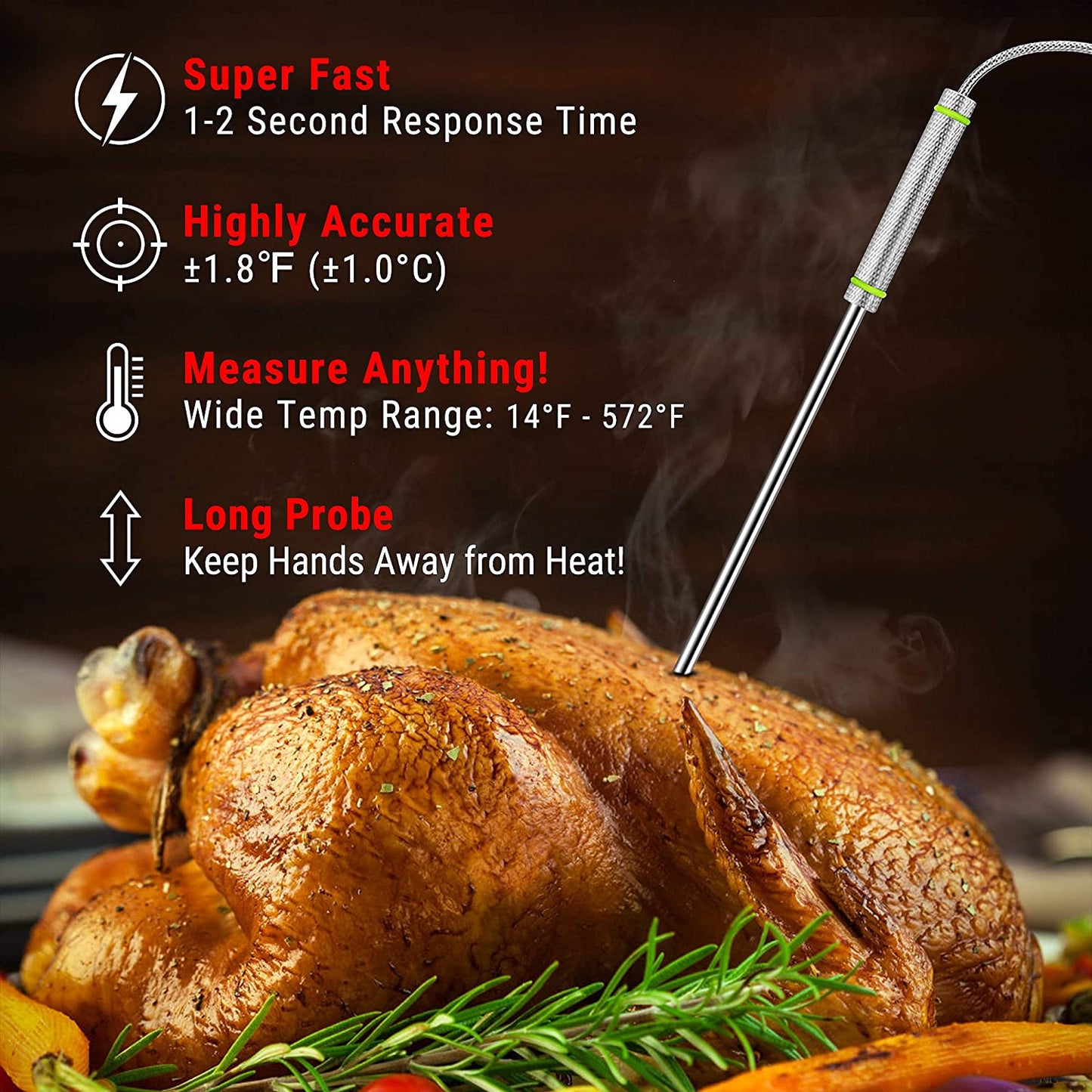 TP17H Digital Meat Thermometer with 4 Temperature Probes, HI/LOW Alarm Smoker Food Thermometer with Colored Backlit LCD, BBQ Thermometer for Cooking Grilling Kitchen Oven Barbecue Turkey