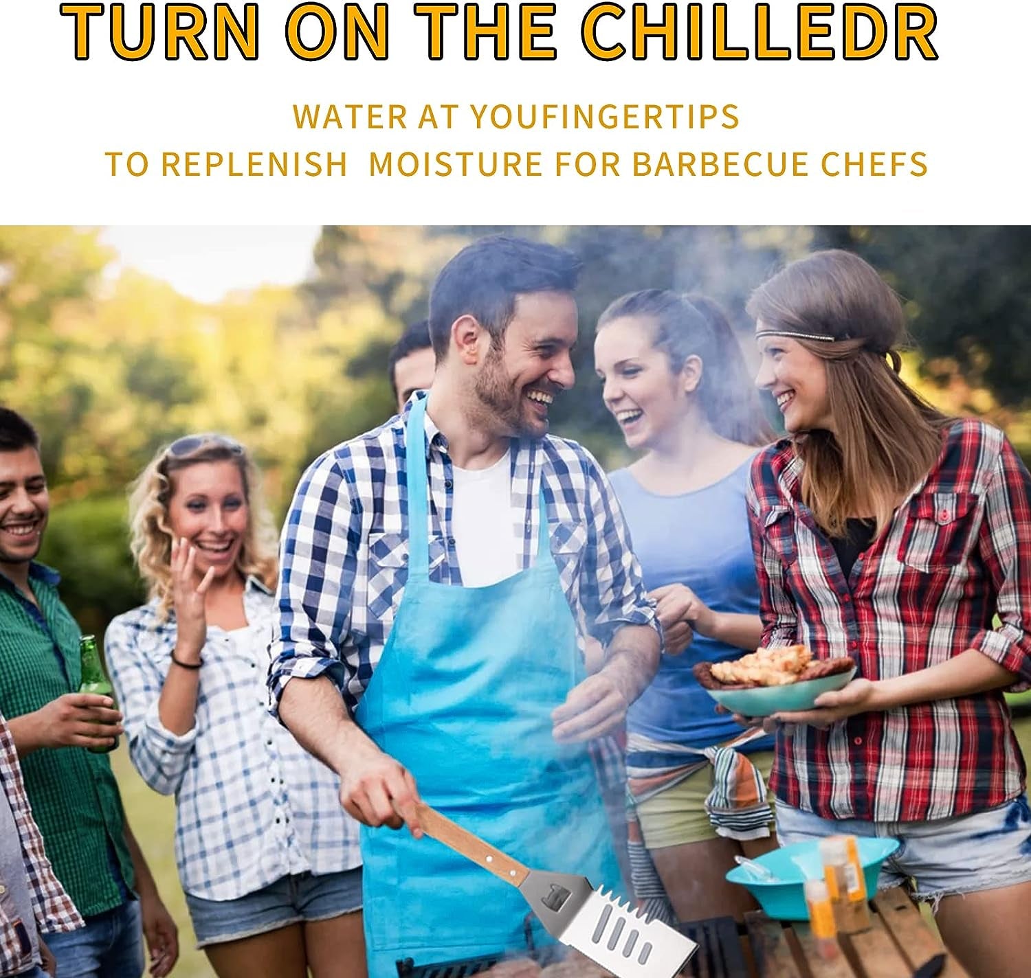 Qinshaine 4-In-1 BBQ Spatula, Multifunction Grill Spatula with Wooden Handle, Perfect for BBQ Grills and Kebabs for Camping Picnics