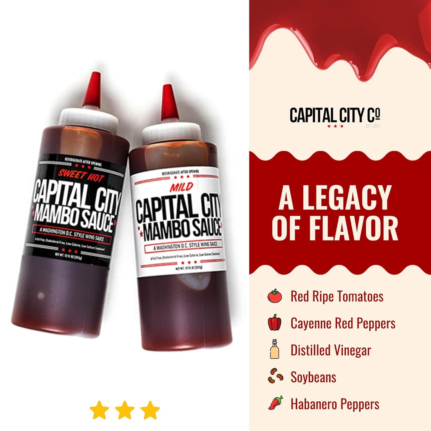 Capital City Mambo Sauce - Variety 2 Pack - Sweet Hot & Mild | Washington DC Wing Sauces | Perfect Condiment Topping for Wings, Chicken, Pork, Beef, Seafood, Burgers, Rice or Noodles | 12 Fl Oz Bottles (2 Pack)