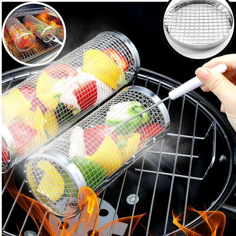 Image of Round Grill Baskets for Outdoor Grilling BBQ Net Tube | Rolling Stainless Steel Grill Basket Campfire Grill Grid | Camping Picnic Cookware 2 Pack Set (L(11.81") +M(7.87") Set, X 2)