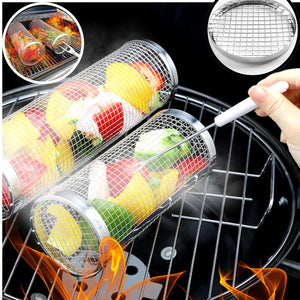 Round Grill Baskets for Outdoor Grilling BBQ Net Tube | Rolling Stainless Steel Grill Basket Campfire Grill Grid | Camping Picnic Cookware 2 Pack Set (L(11.81") +M(7.87") Set, X 2)