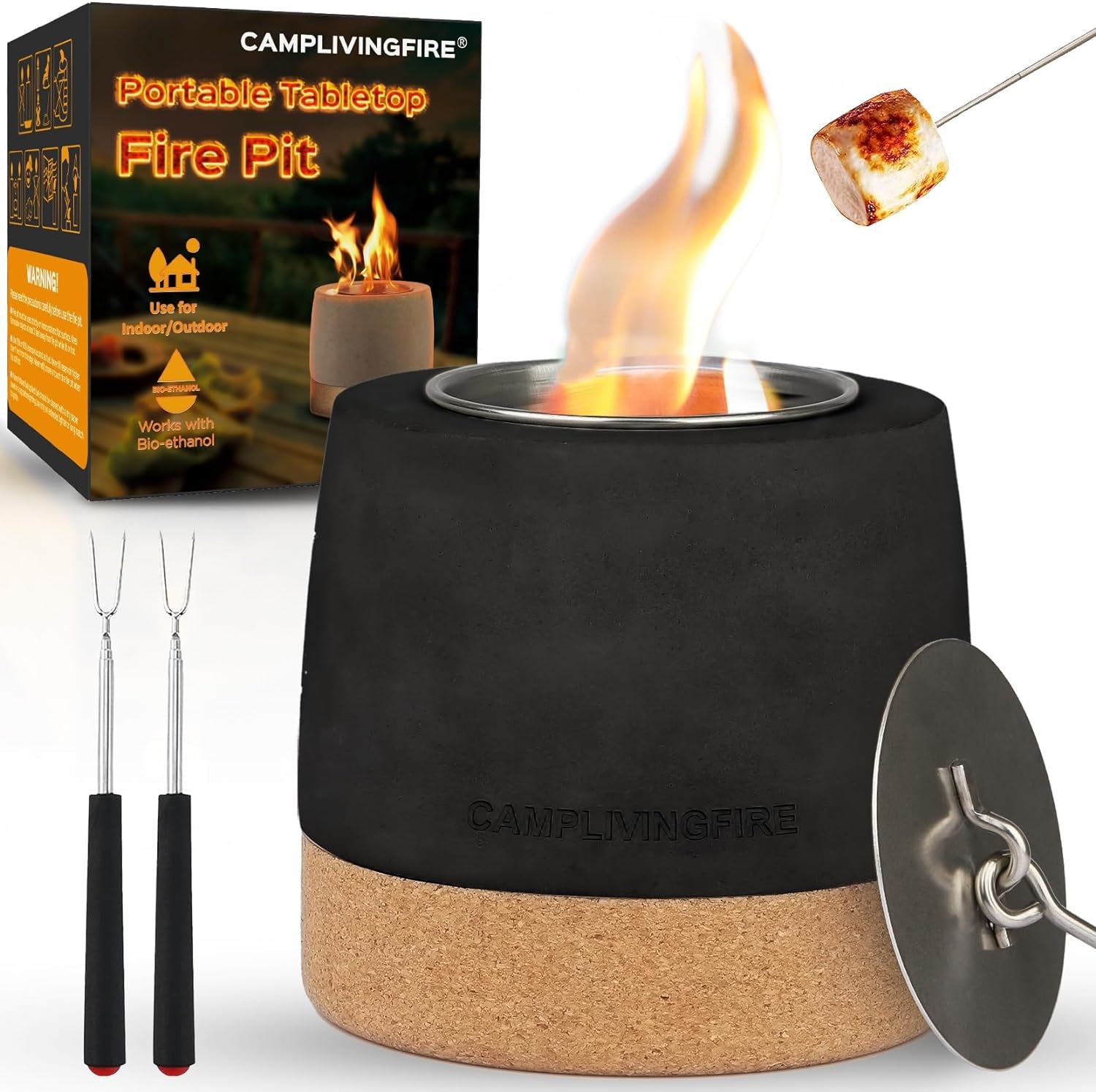 Tabletop Fire Pit, round Concrete Smokeless Smores Fire Pit Table Top as Smores Maker Kit, Dual Burner Cups Rubbing Alcohol Table Top Firepit for Indoor & Patio