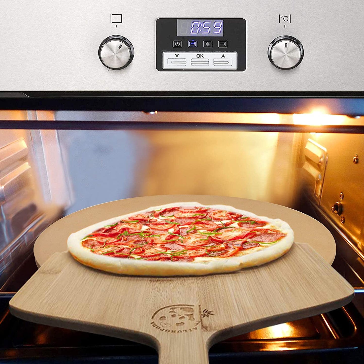 13" round Pizza Stone for Oven and Grill with Bamboo Pizza Paddle, Cleaning Scraper and Recipe Cordierite Baking Stone for Oven Thermal Shock Resistant