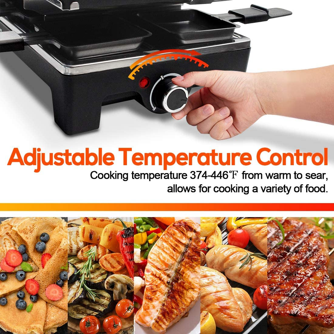 Raclette Grill Electric Grill Table Portable 2 in 1 Korean BBQ Grill Indoor & Cheese Raclette, Reversible Non-Stick Plate, Crepe Maker with Adjustable Temperature Control and 8 Paddles