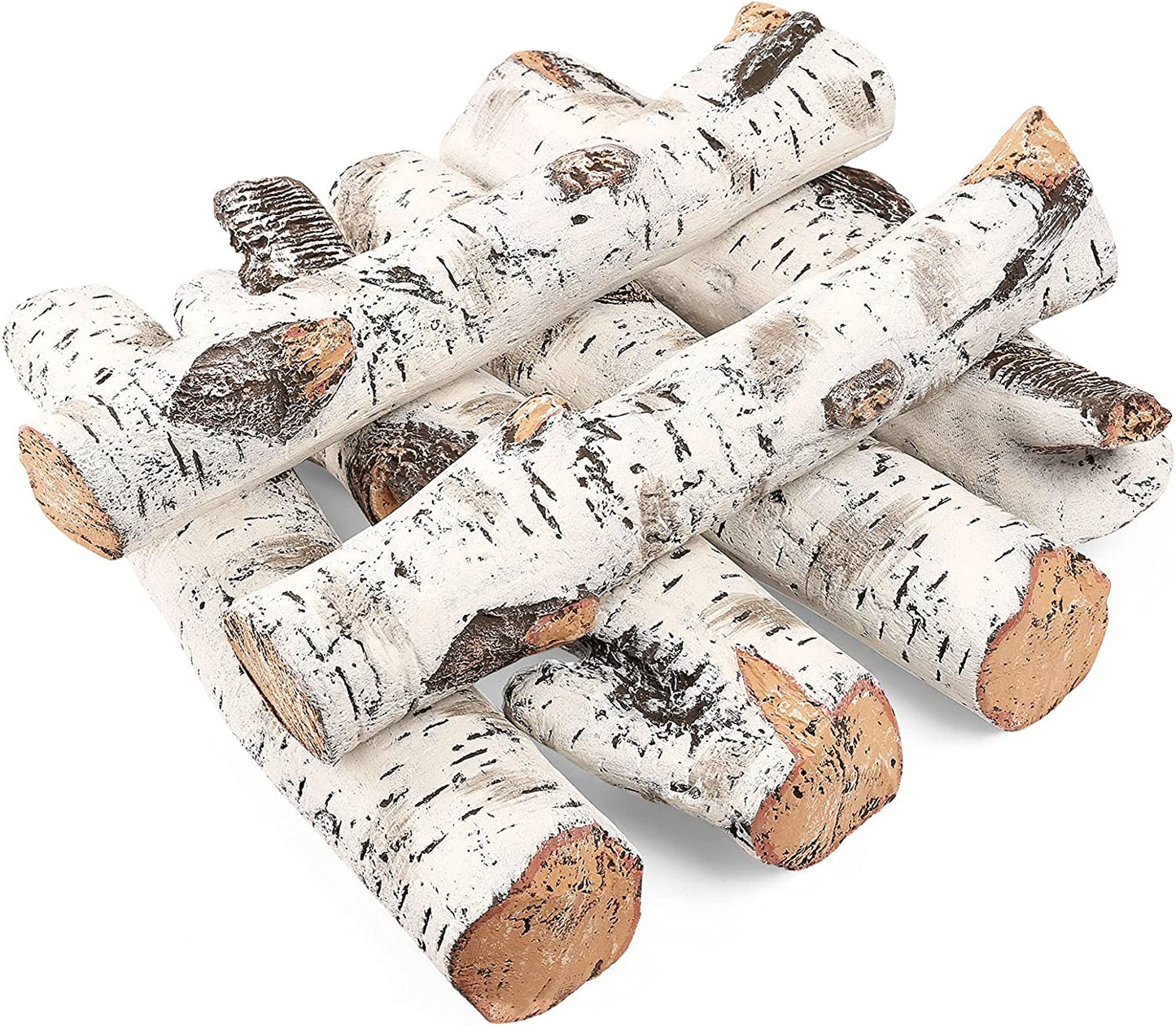 Gas Fireplace Logs Set Ceramic White Birch for Intdoor Inserts, Vented, Propane, Electric Gas Fireplaces, Outdoor Firebowl, Linear Fire Pits Ceramic Fiber Fake Wood Logs,Fireplace Decor, 6Pcs