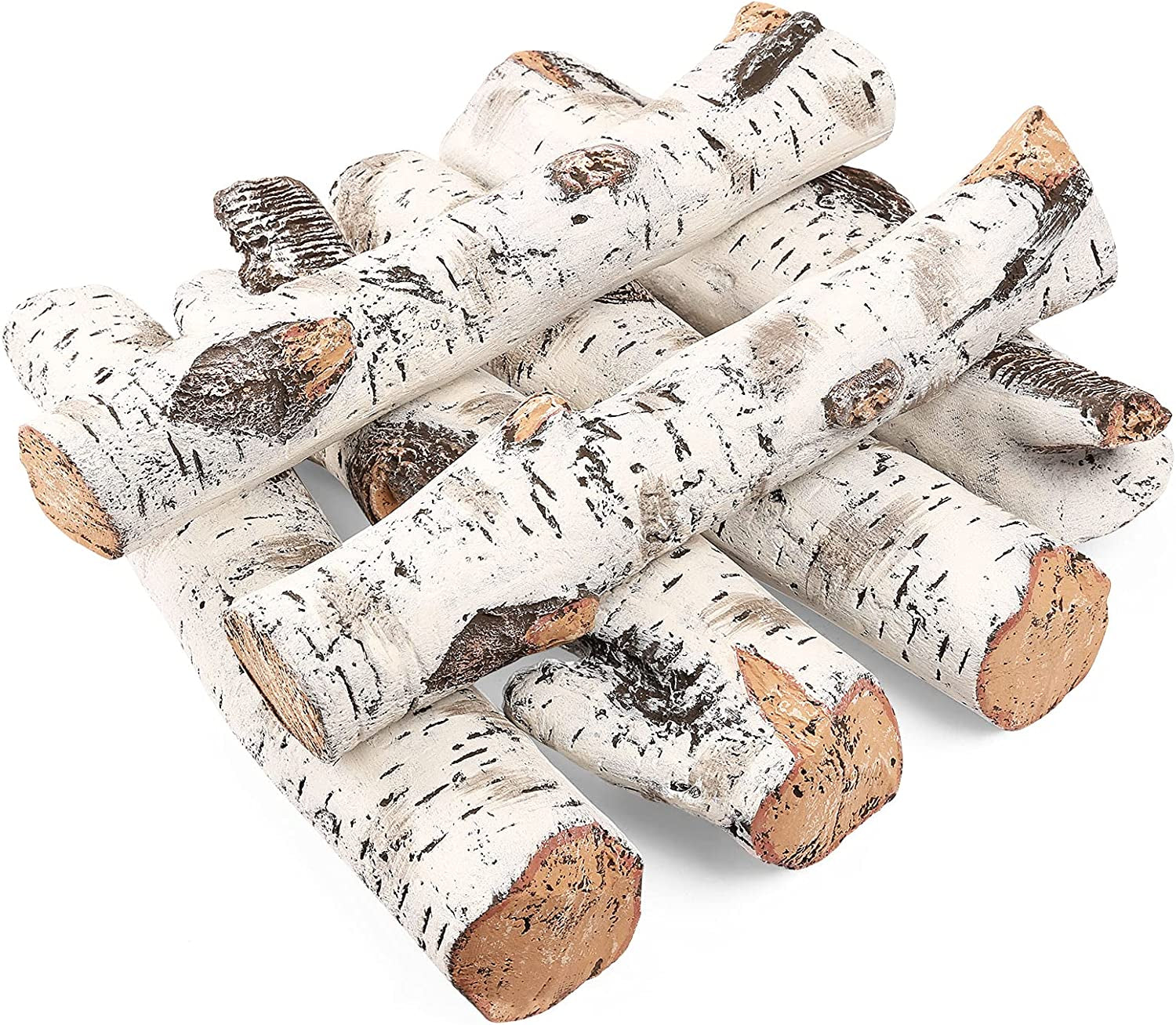 Gas Fireplace Logs Set Ceramic White Birch for Intdoor Inserts, Vented, Propane, Electric Gas Fireplaces, Outdoor Firebowl, Linear Fire Pits Ceramic Fiber Fake Wood Logs,Fireplace Decor, 6Pcs
