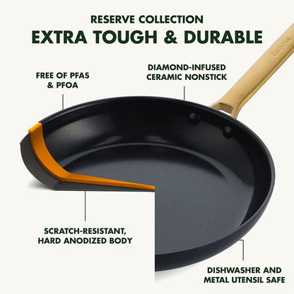 Reserve Hard Anodized Healthy Ceramic Nonstick, 11" Grill Pan with Lid, Gold Handle, Pfas-Free, Dishwasher Safe, Black