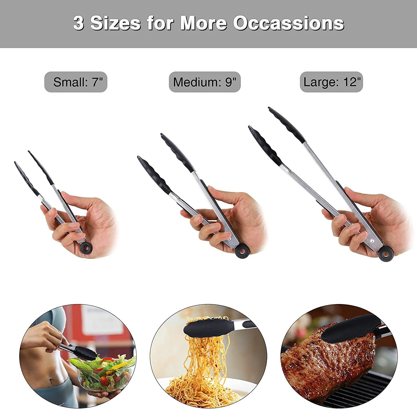 Kitchen Tongs Set of 3, Black Cooking Tongs with Silicone Tips, Stainless Steel Serving Tongs, Non-Stick Non-Scratch Heat Resistant Tongs for Grilling Cooking BBQ Buffet Salad (Black, 7/9/12 Inch)