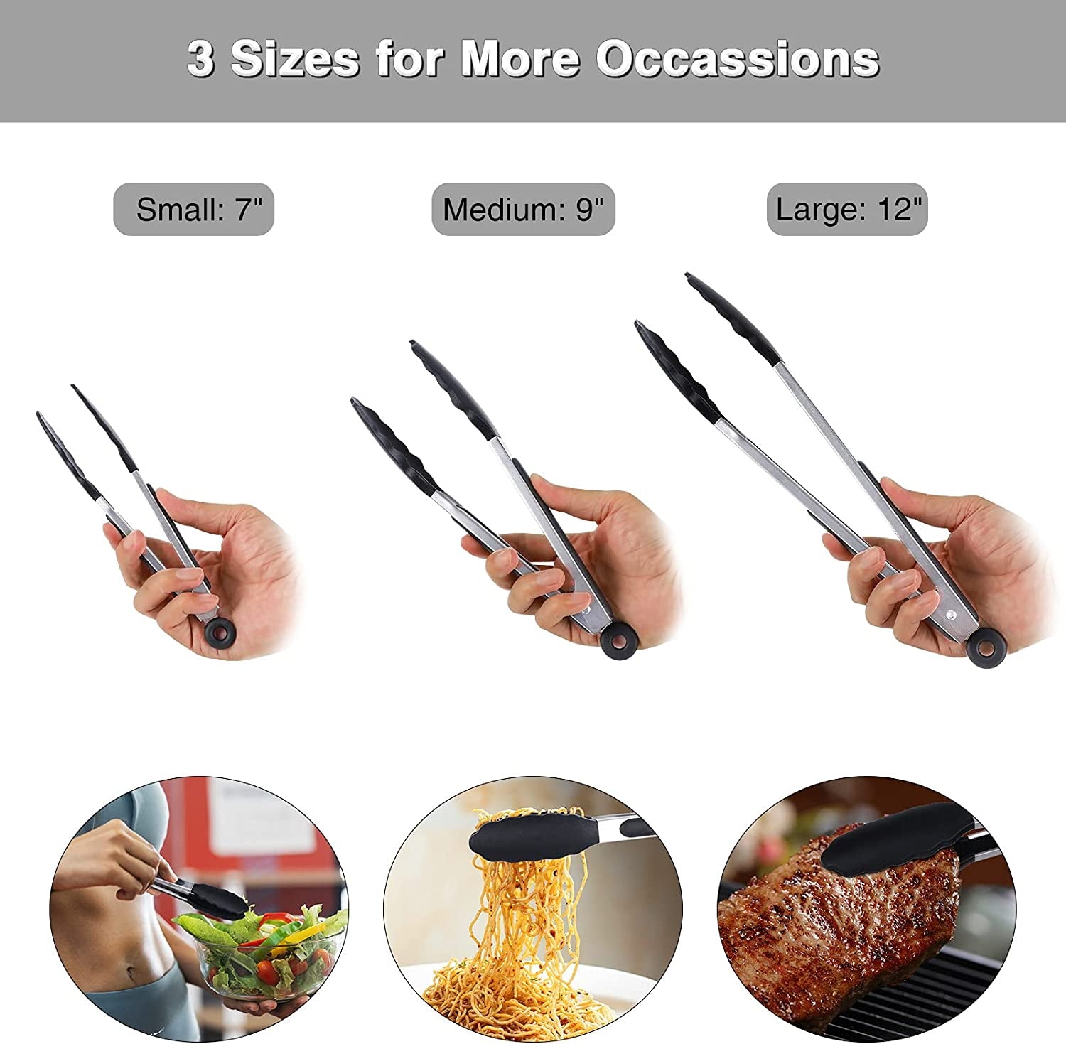 Kitchen Tongs Set of 3, Black Cooking Tongs with Silicone Tips, Stainless Steel Serving Tongs, Non-Stick Non-Scratch Heat Resistant Tongs for Grilling Cooking BBQ Buffet Salad (Black, 7/9/12 Inch)