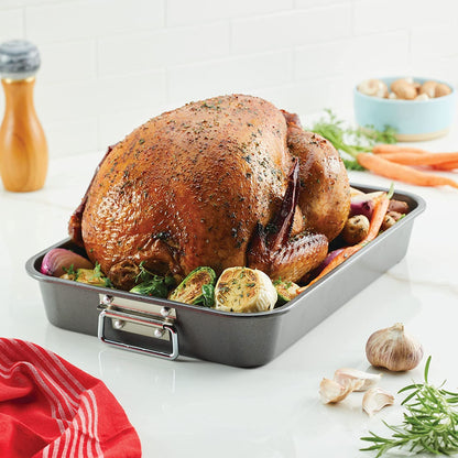 Farberware Bakeware Nonstick Steel Roaster with Flat Rack, 11-Inch X 15-Inch, Gray