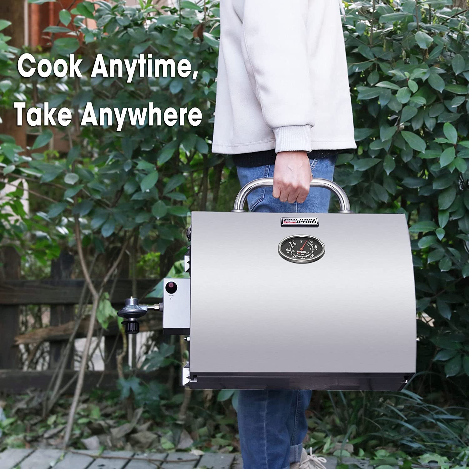 GT1001 Stainless Steel Portable Grill, 10000 BTU BBQ Tabletop Gas Grill with Folding Legs and Lockable Lid, Outdoor Camping, Deck and Tailgating, Silver