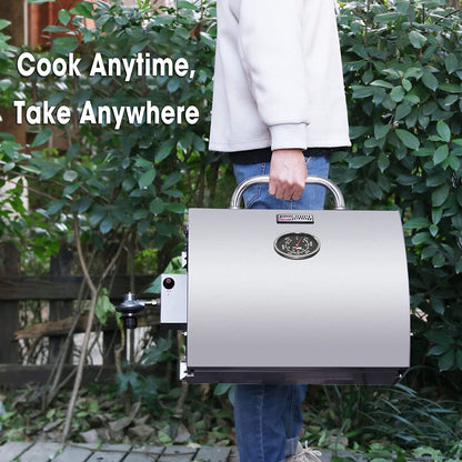 GT1001 Stainless Steel Portable Grill, 10000 BTU BBQ Tabletop Gas Grill with Folding Legs and Lockable Lid, Outdoor Camping, Deck and Tailgating, Silver