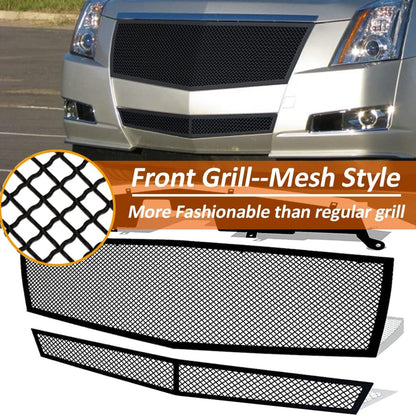 Stainless Steel Mesh Grille Grill Insert Combo Compatible with 2008 2009 2010 2011 2012 2013 Cadillac CTS Include Upper+Lower (Black Powder Coated)