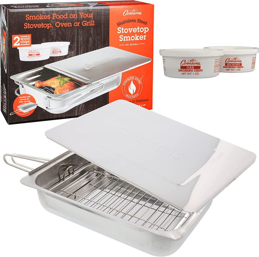 Large Stovetop Smoker - Stainless Steel BBQ Smoker Box W/Hickory & Oak Wood Chips & Recipe Guide - Indoor Outdoor Use - Great for Smoking Thanksgiving Dinner - Barbecue Grilling Gift for Men