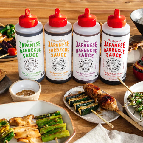 Image of Bachan'S Variety Pack Japanese Barbecue Sauce, (1) Original, (1) Hot and Spicy, (1) Yuzu, (1) Miso, BBQ Sauce for Wings, Chicken, Beef, Pork, Seafood, Noodles, and More, Non GMO, No Preservatives, Vegan, BPA Free.