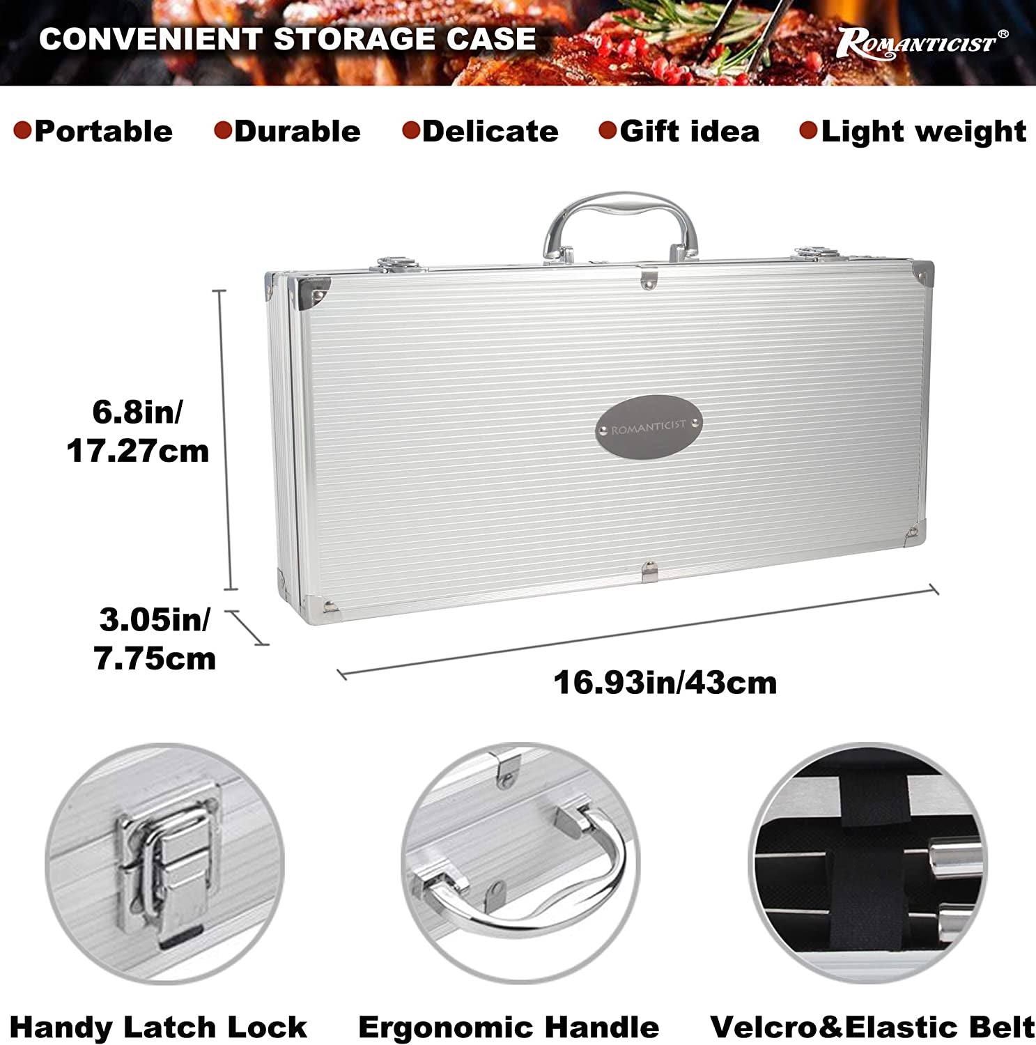 ROMANTICIST 23Pc Must-Have BBQ Grill Accessories Set with Thermometer in Case - Stainless Steel Barbecue Tool Set with 2 Grill Mats for Backyard Outdoor Camping - Best Grill Gift for on Birthday