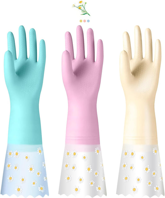 3 Pairs Rubber Cleaning Gloves for Household - Reusable Dishwashing Gloves for Kitchen, Waterproof Flocked Liner Dish Washing Gloves for Kitchen Bathroom, Laundry, Gardening (Large)