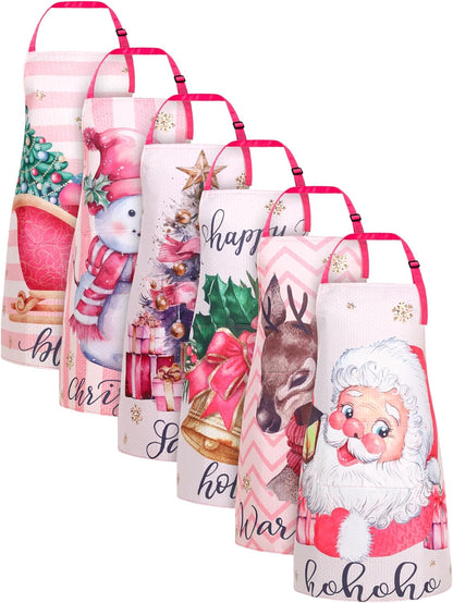 6 Pcs Christmas Aprons Waterproof Holiday Kitchen Aprons Adjustable Baking Cooking Aprons for Christmas
