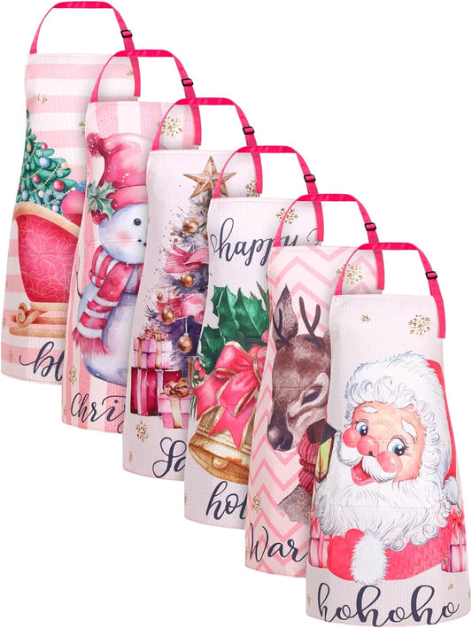 6 Pcs Christmas Aprons Waterproof Holiday Kitchen Aprons Adjustable Baking Cooking Aprons for Christmas