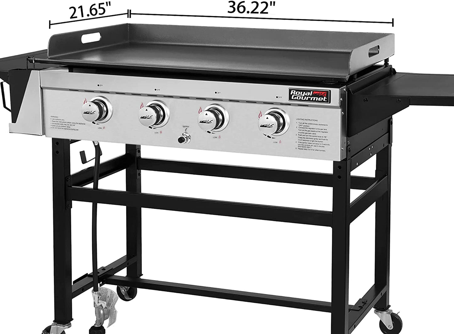 GB4001B 4-Burner Flat Top Gas Grill 52000-BTU Propane Fueled Professional Outdoor Griddle 36Inch Backyard Cooking with Side Table, Black