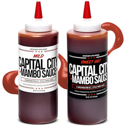 Capital City Mambo Sauce - Variety 2 Pack - Sweet Hot & Mild | Washington DC Wing Sauces | Perfect Condiment Topping for Wings, Chicken, Pork, Beef, Seafood, Burgers, Rice or Noodles | 12 Fl Oz Bottles (2 Pack)