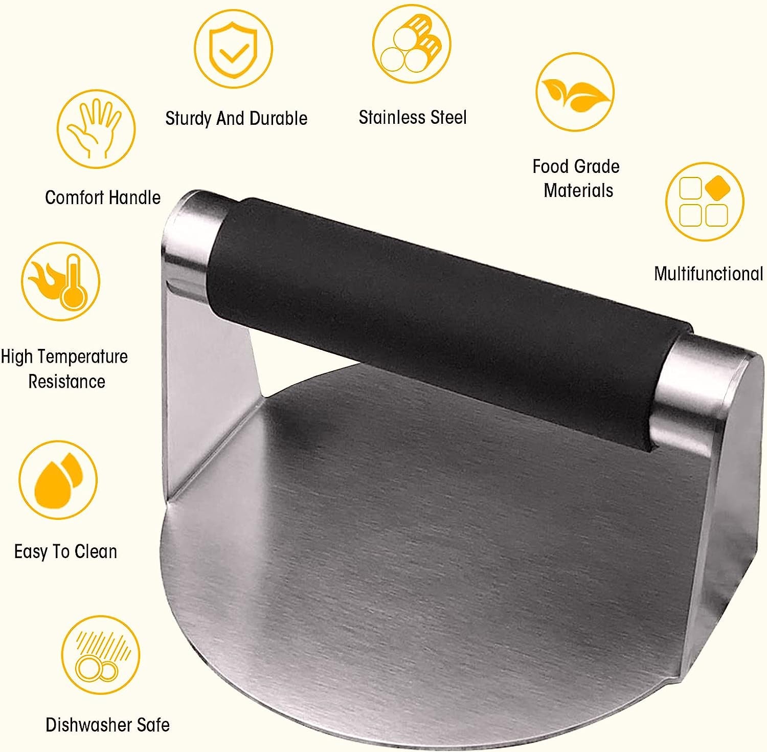PMYEK Burger Press with Anti-Scald Handle, 5.5 Inch Stainless Steel Burger Smasher, round Non-Stick Hamburger Press for Griddle, Griddle Accessories Kit for Flat Grill Cooking