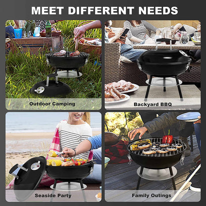 Joyfair Charcoal Grill with 2 Grilling Racks, 14In Small Portable BBQ Grill with Lid for Outdoor Camping/Patio/Backyard Barbecue/Tabletop Cooking, Enamel Coated & Dual Vent System, Black