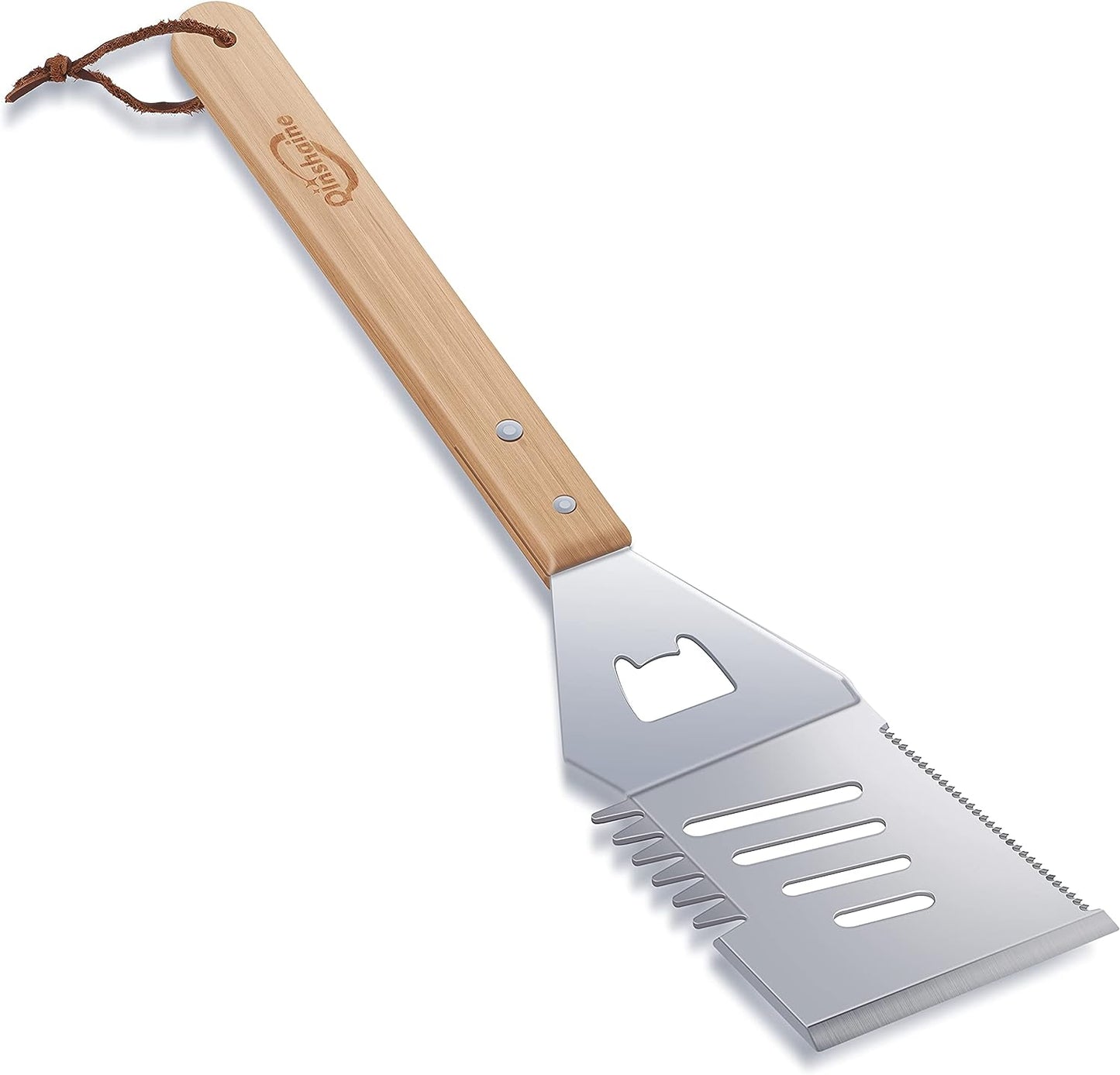 Qinshaine 4-In-1 BBQ Spatula, Multifunction Grill Spatula with Wooden Handle, Perfect for BBQ Grills and Kebabs for Camping Picnics