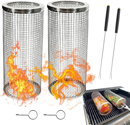 2Pcs Amazing Rolling Grilling Basket - Ultimate Grill Basket for Outdoor Grilling - Grill Baskets for Veggies, Fish, and More - Easy Rolling Design - Durable and Versatile BBQ Accessory - Enhance Your Grilling Experience (3.74"X3.74X11.8")