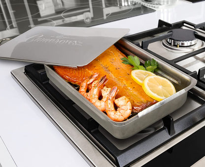 Large Stovetop Smoker - Stainless Steel BBQ Smoker Box W/Hickory & Oak Wood Chips & Recipe Guide - Indoor Outdoor Use - Great for Smoking Thanksgiving Dinner - Barbecue Grilling Gift for Men