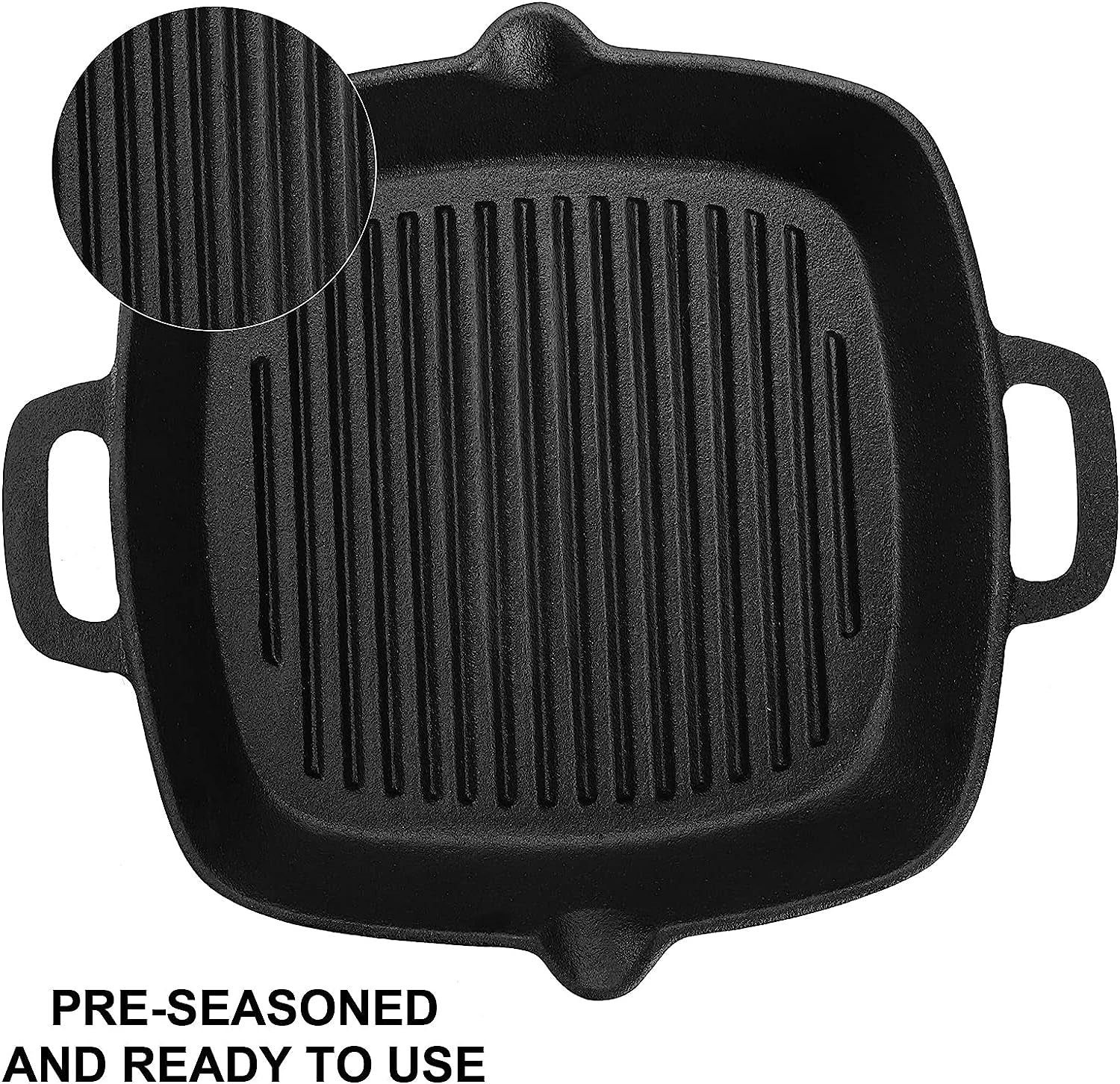 Cast Iron Grill Pan, 10" Square Skillet with Easy Grease Drain Spout and Two Heat Insulated Silicone Handle Cover, Pre Seasoned Grill Pan for Grilling Bacon, Steak, Meats, Camping