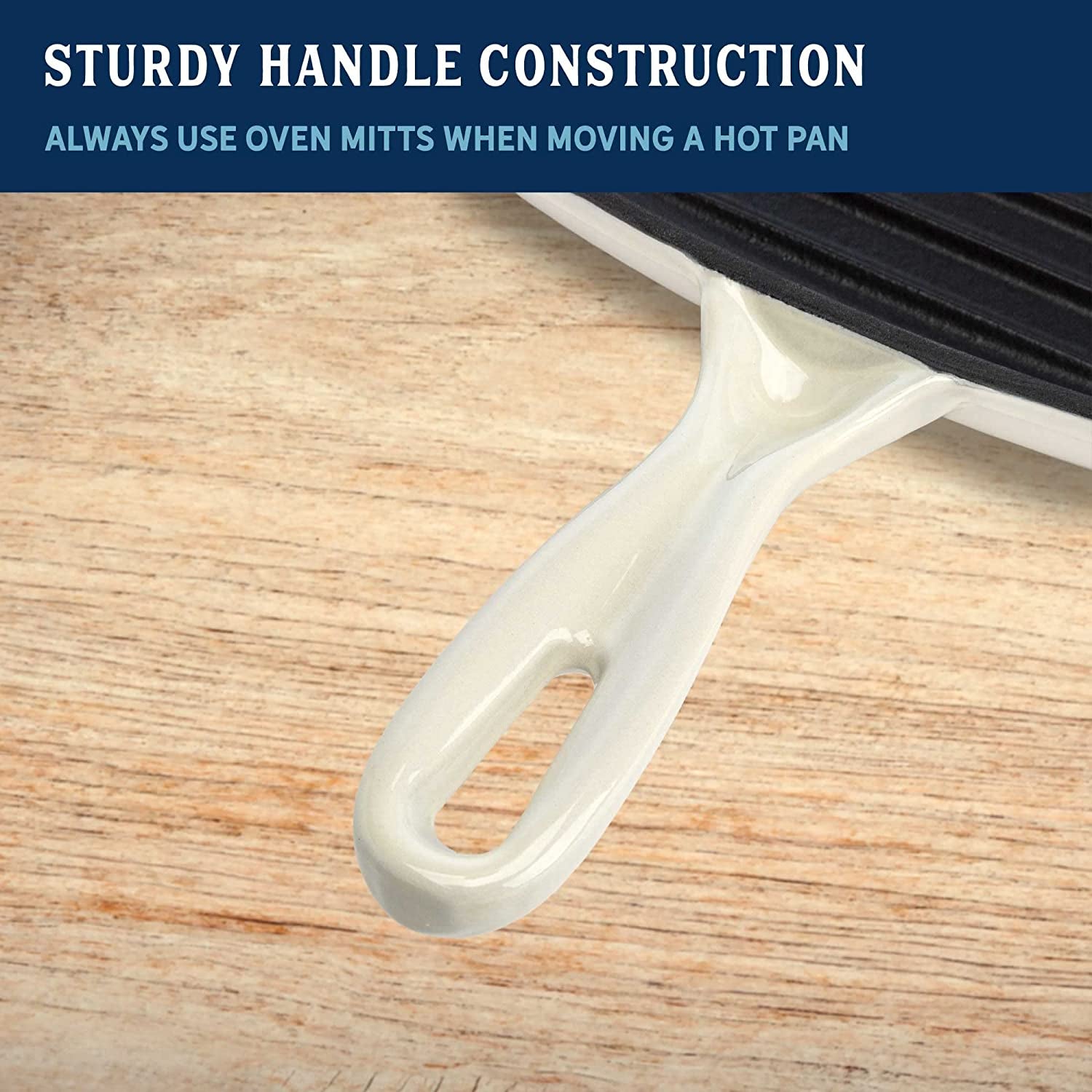 Enameled Cast Iron Square Griddle Grill Pan with Ridges, Helper Handle and Pouring Spouts for Easy Draining, Indoor Grilling Skillet, 11-Inch, Cream