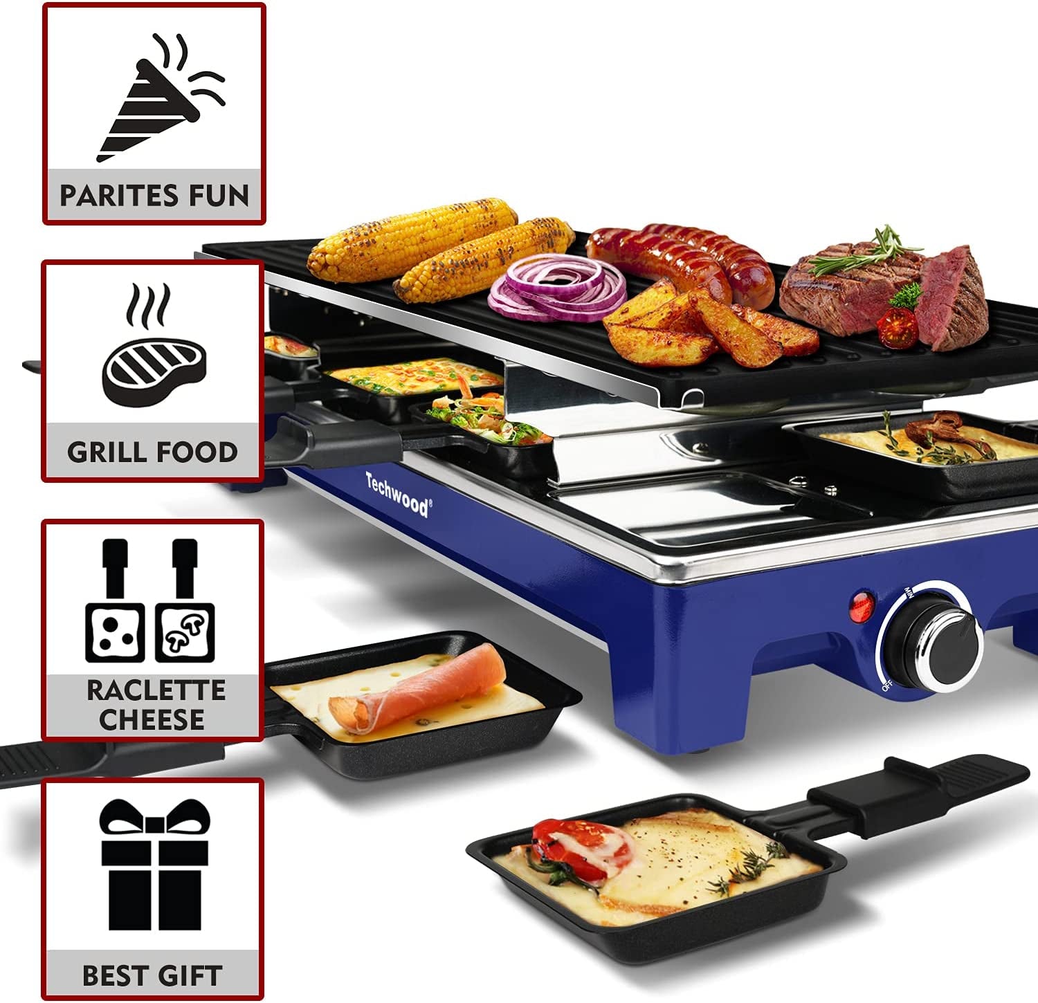 Raclette Grill,  Electric Table Indoor Grill Korean BBQ Grill, Removable 2-In-1 Non-Stick Grill Plate, 1500W Fast Heating with 8 Cheese Melt Pans, Ideal for Parties and Family Fun (Blue)
