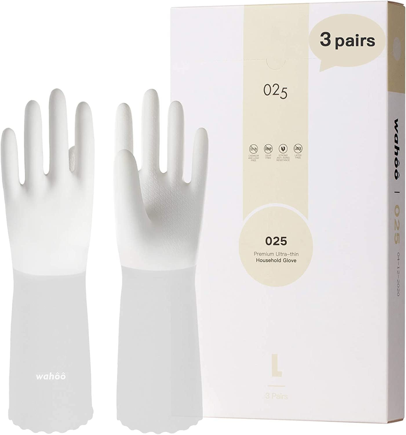 LANON 3 Pairs Wahoo Skin-Friendly Cleaning Gloves, Unlined Dishwashing Kitchen Gloves, Reusable, Non-Slip, Brilliant White, Large