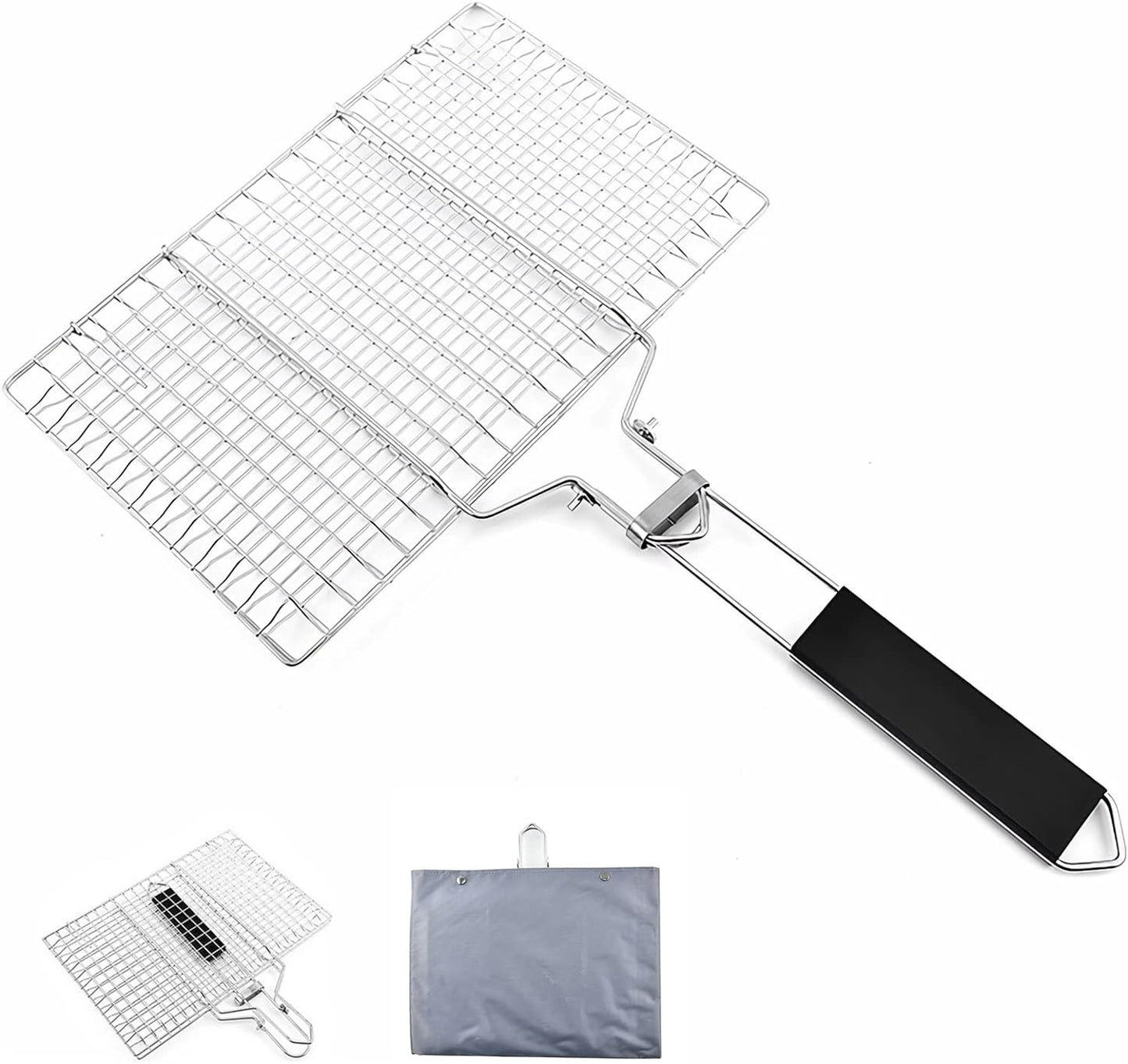 Grill Basket, Stainless Steel Barbecue Basket with Foldable Handle, Portable Outdoor/Camping Grilling Accessories, Grill Vegetable Basket for Garden, Outdoor, Camping