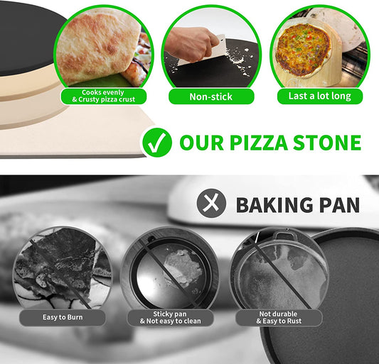 13" round Pizza Stone for Oven and Grill with Bamboo Pizza Paddle, Cleaning Scraper and Recipe Cordierite Baking Stone for Oven Thermal Shock Resistant