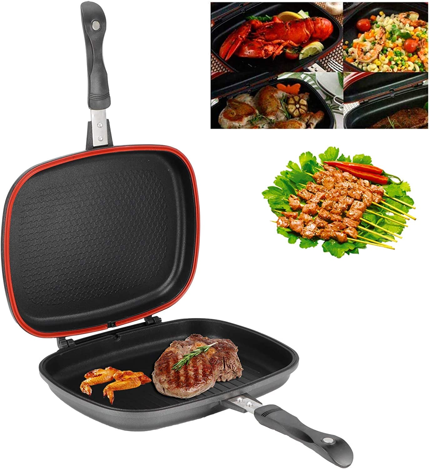 Double-Sided Frying Pan, 32Cm/12.6In BBQ Grill Pan, Double Side Pressure Cooking Grill Pan, Portable Grill Pot for Home Cooking, Anti‑Burn Handle, Grill Cookware Kitchen Supplies