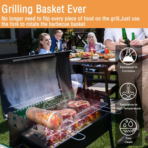 Image of Cooking Coll Rolling Grilling Basket,Round Stainless Steel BBQ Grill Mesh,Grill Baskets for Outdoor Grill,Barbecue Net Tube Grate Fish,Vegetable,Fries - Camping Picnic Cookware(Mid,7.87 X 3.54 Inch)