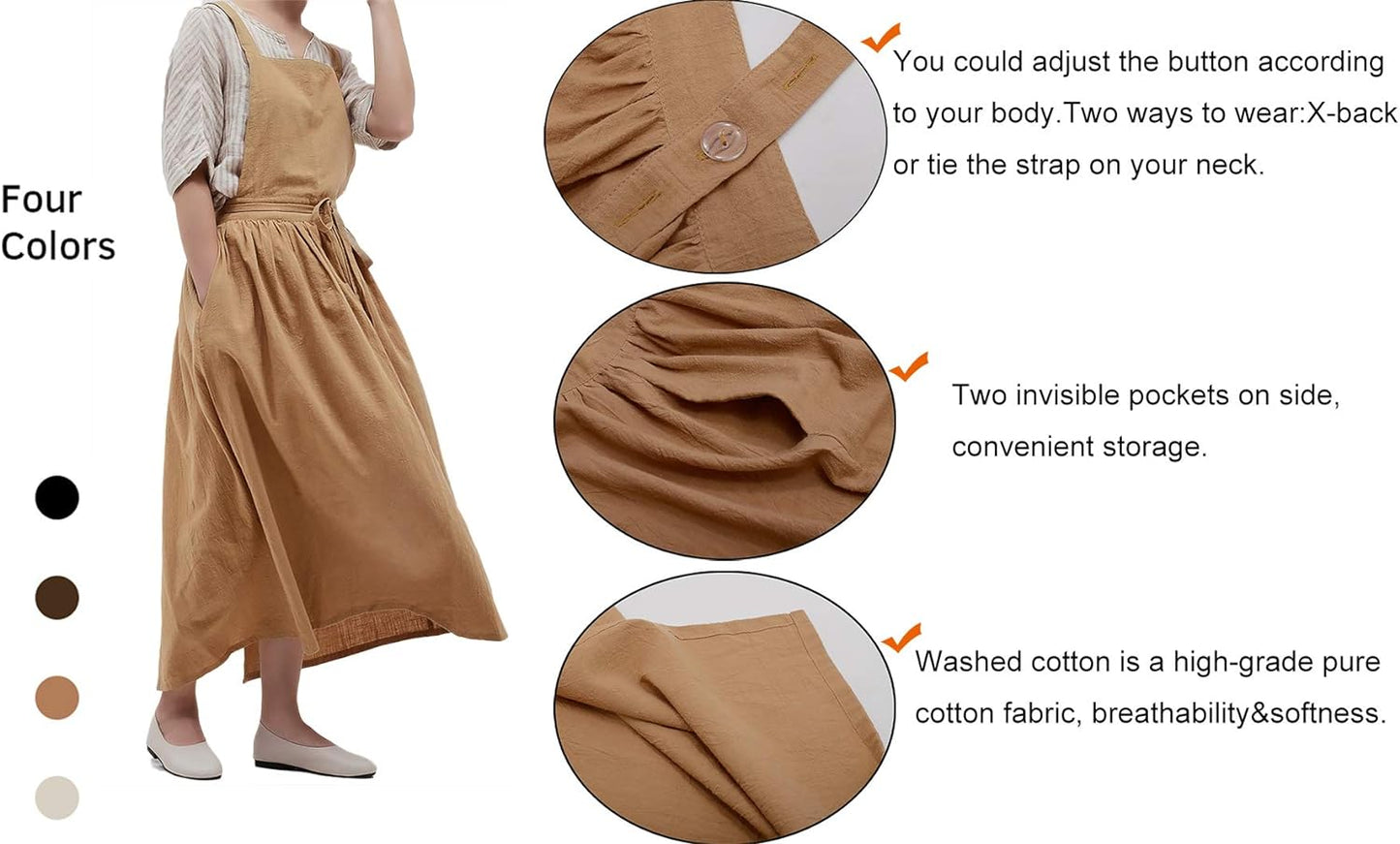 Pleated Cotton Long Apron X Back Kitchen Garden Florist Work Clothes Bib Dress