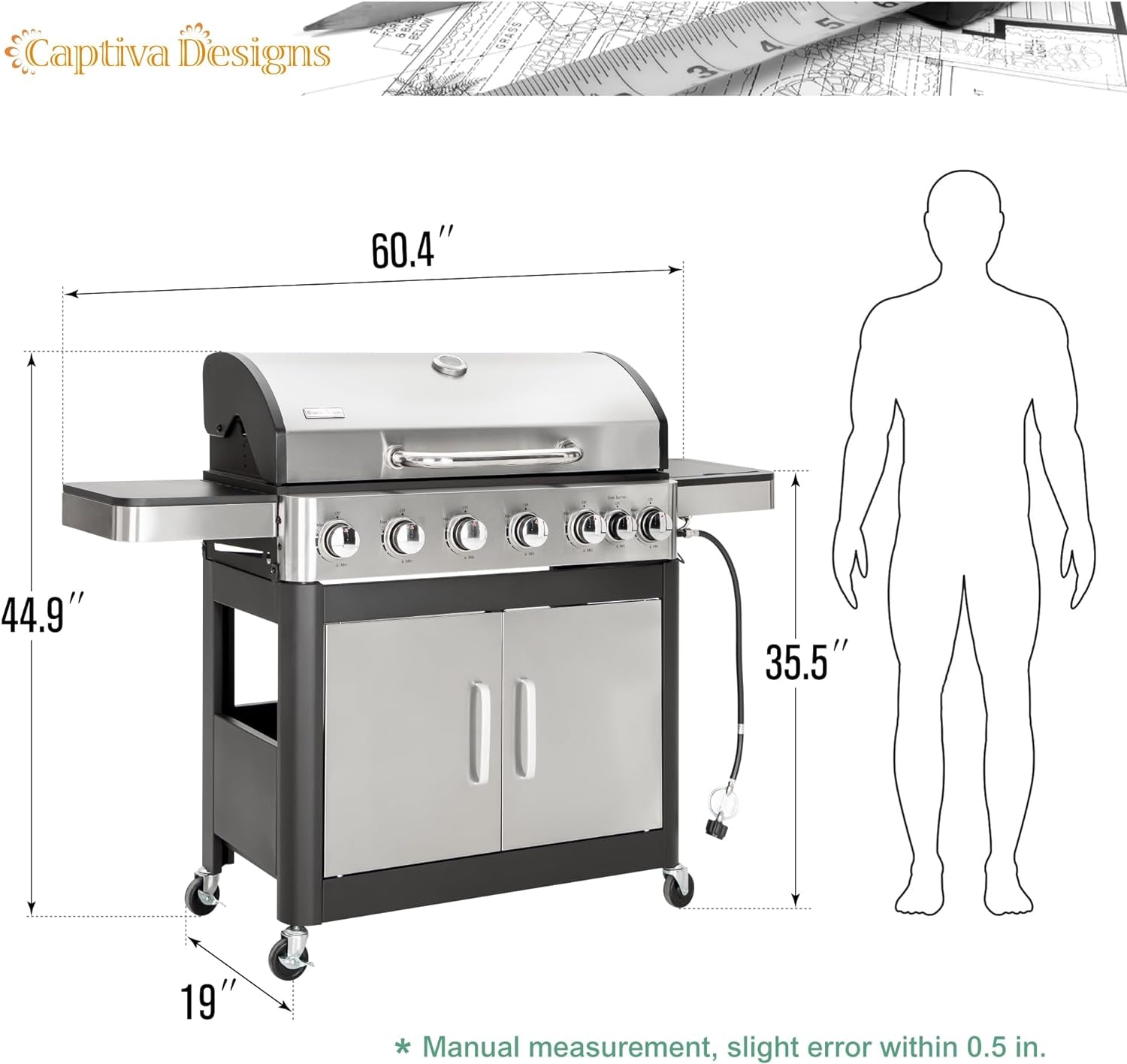 Captiva Designs 6-Burners Propane Gas BBQ Grill with Side Burner & Porcelain-Enameled Cast Iron Grate for Outdoor Kitchen & Backyard Barbecue, 65,800 BTU Output,665 SQ.IN. Cooking Area,Stainless Steel