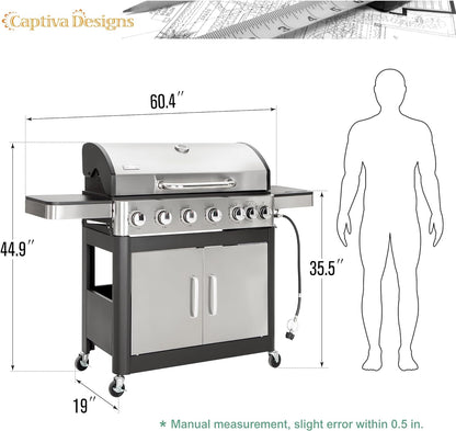 Captiva Designs 6-Burners Propane Gas BBQ Grill with Side Burner & Porcelain-Enameled Cast Iron Grate for Outdoor Kitchen & Backyard Barbecue, 65,800 BTU Output,665 SQ.IN. Cooking Area,Stainless Steel