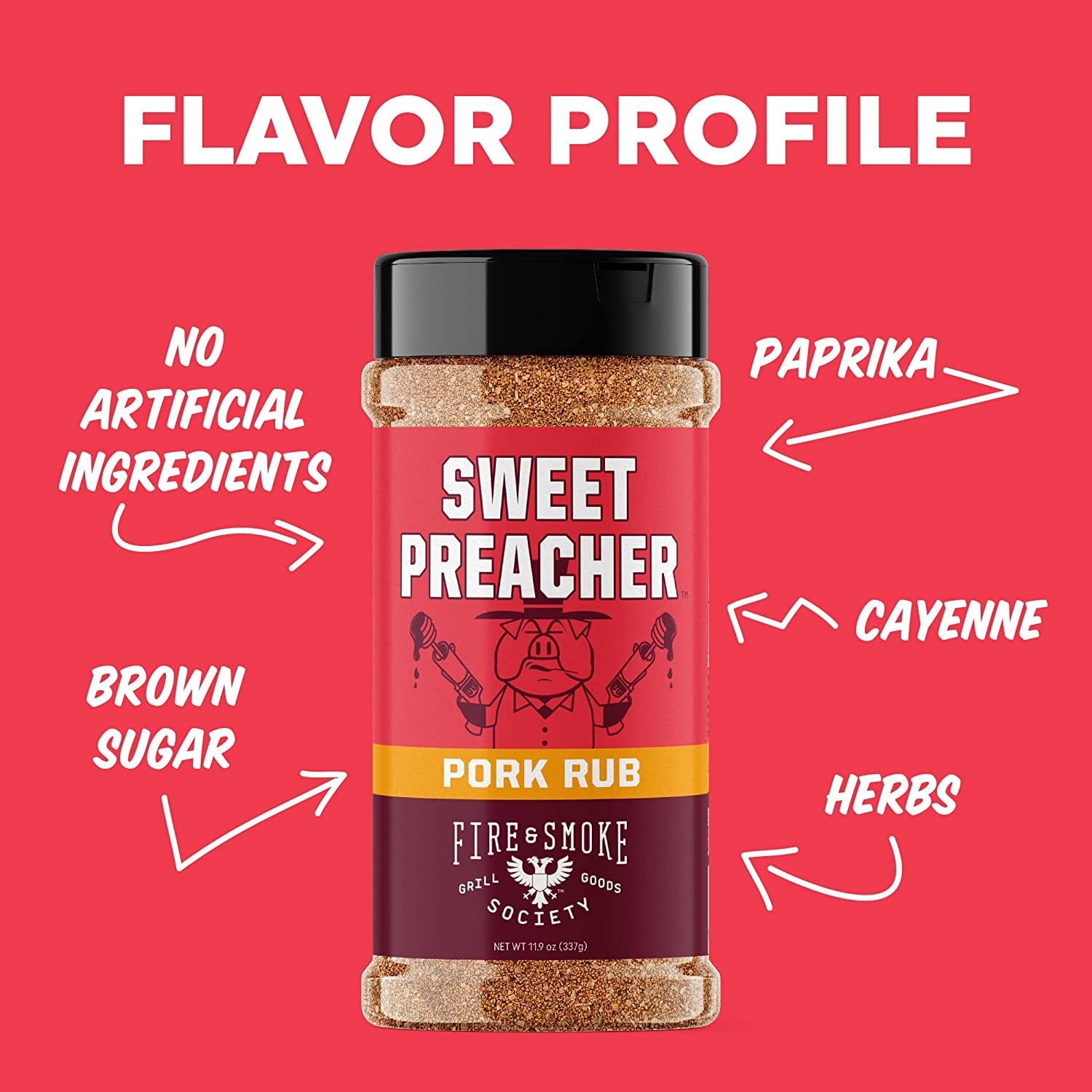 Fire & Smoke Society Sweet Preacher Pork Rub | BBQ Seasoning for Smoking and Grilling Meat | Pulled Pork Ribs Chops, Poultry, Chicken, Beef, Dry BBQ Rubs and Spices | Brown Sugar, Red Spices & Herbs | 11.9 Oz (1-Pack)