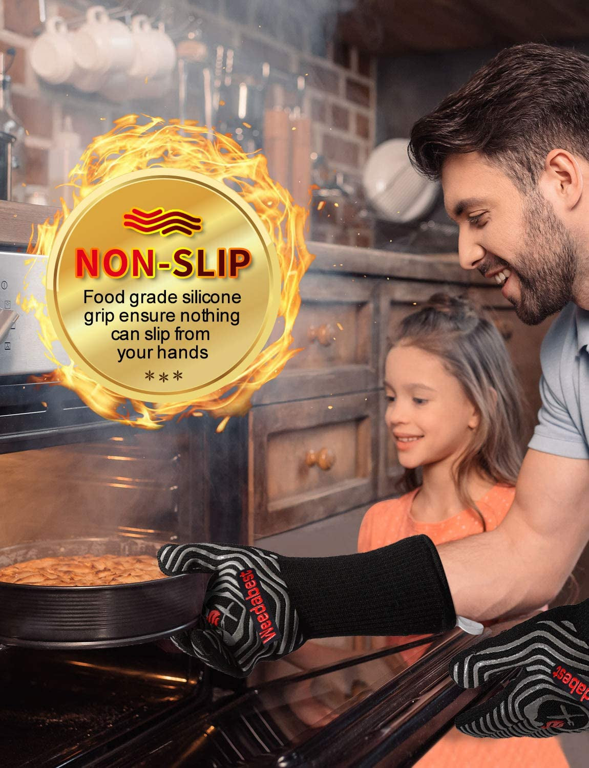 Hot BBQ Gloves Heat Resistant Kitchen Oven Mitts Professional Long Heat Resistant Cooking Gloves for Grill,Grilling,Smoker,Barbeque,13.5 Inch-Gray