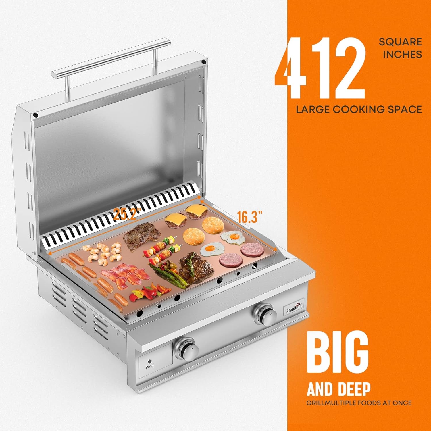 28-Inch Premium Built-In Natural Gas Griddle for Outdoor Kitchen Grill, Durable Stainless Steel 2-Burner Flat Top Grill with Lid for BBQ Island, 34,000 Btus