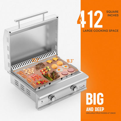 28-Inch Premium Built-In Natural Gas Griddle for Outdoor Kitchen Grill, Durable Stainless Steel 2-Burner Flat Top Grill with Lid for BBQ Island, 34,000 Btus