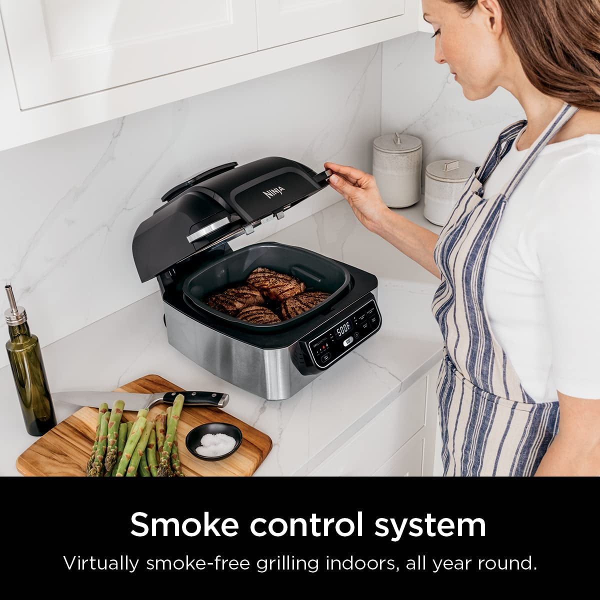 AG301 Foodi 5-In-1 Indoor Electric Grill with Air Fry, Roast, Bake & Dehydrate - Programmable, Black/Silver