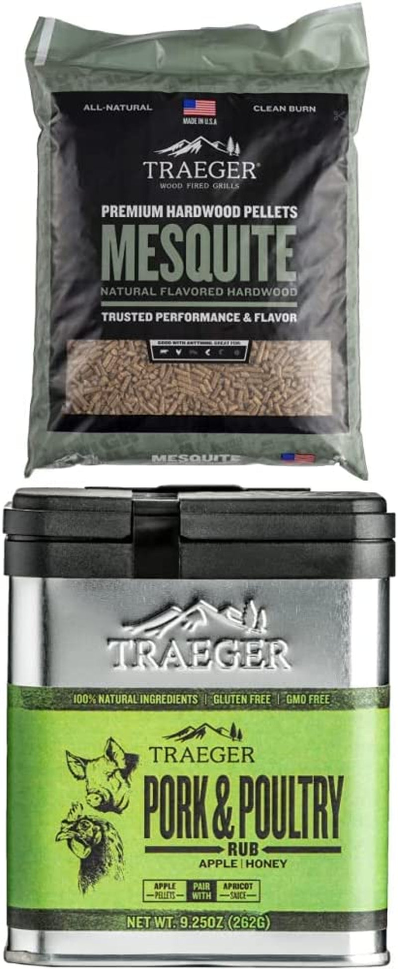 Grills PEL305 Mesquite 100% All-Natural Hardwood Pellets - Grill, Smoke, Bake, Roast, Braise and BBQ (20 Lb. Bag) + Pork and Poultry Rub with Apple and Honey