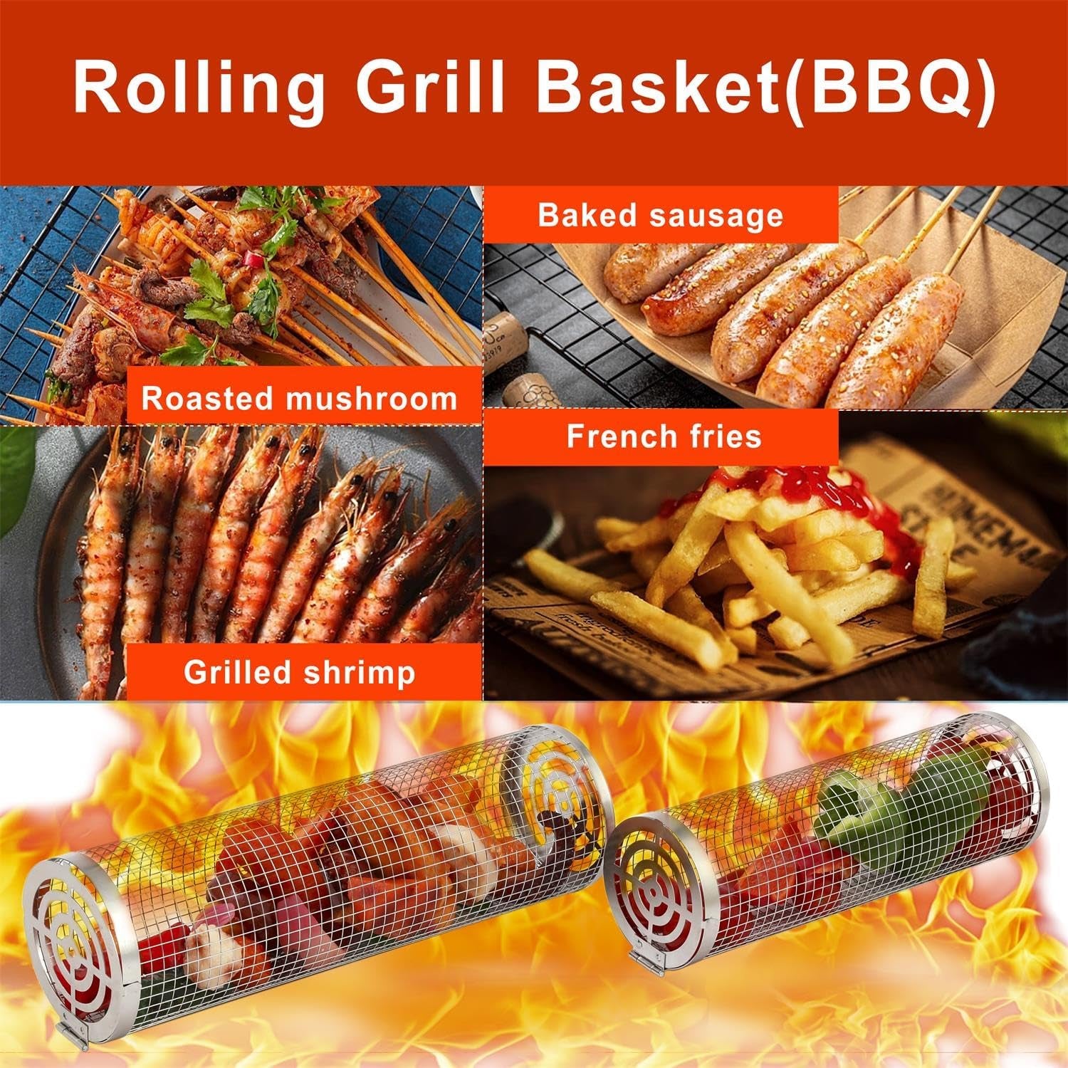 Feniola Rolling Grilling Basket - 2 PCS round Stainless Steel Grill Net for Outdoor Grill for Vegetables, Meat - BBQ Accessories Included