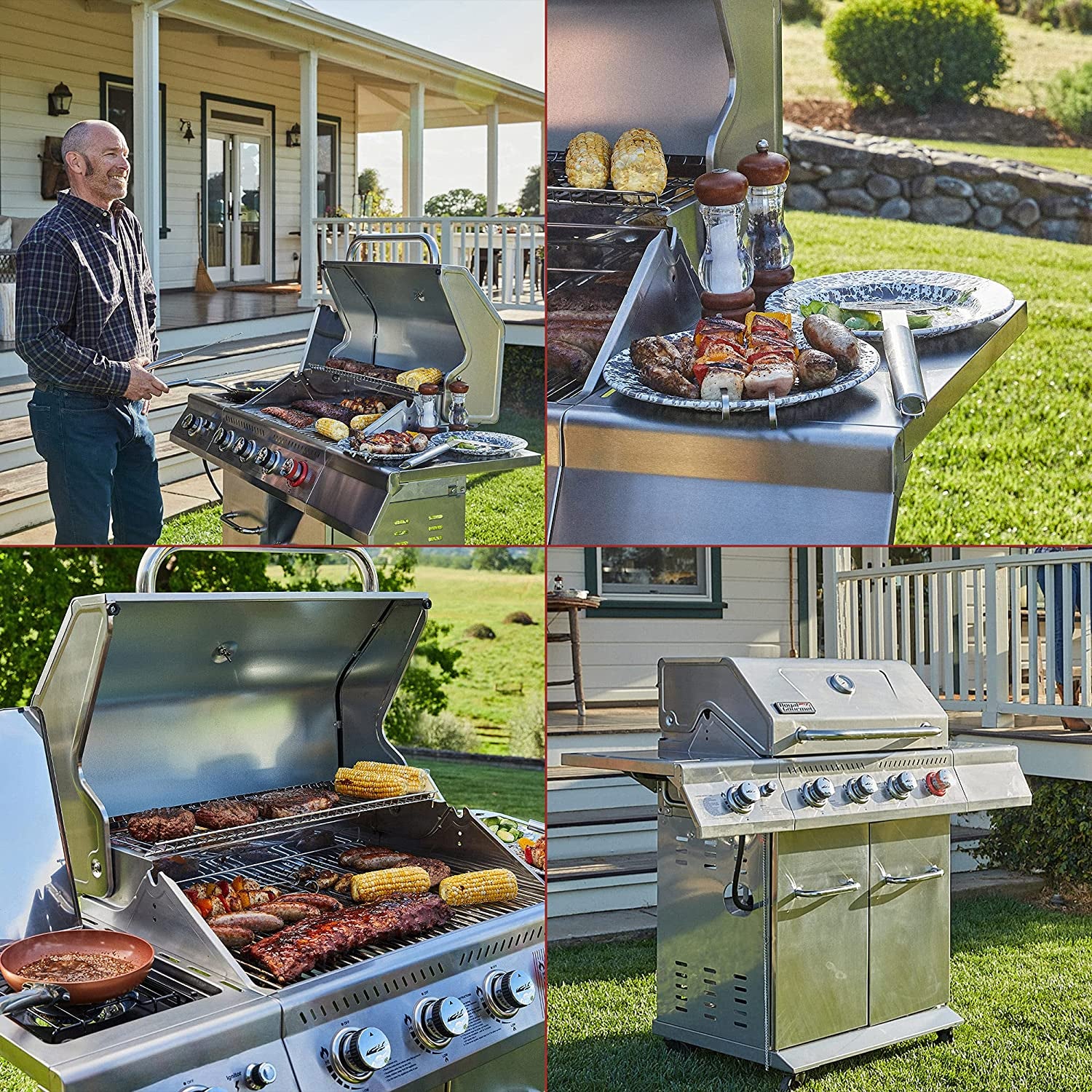 GA4402S Stainless Steel 4-Burner BBQ Propane Gas Grill, 54000 BTU Cabinet Style Gas Grill with Sear Burner and Side Burner Perfect Patio Garden Picnic Backyard Party Silver