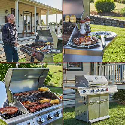 GA4402S Stainless Steel 4-Burner BBQ Propane Gas Grill, 54000 BTU Cabinet Style Gas Grill with Sear Burner and Side Burner Perfect Patio Garden Picnic Backyard Party Silver